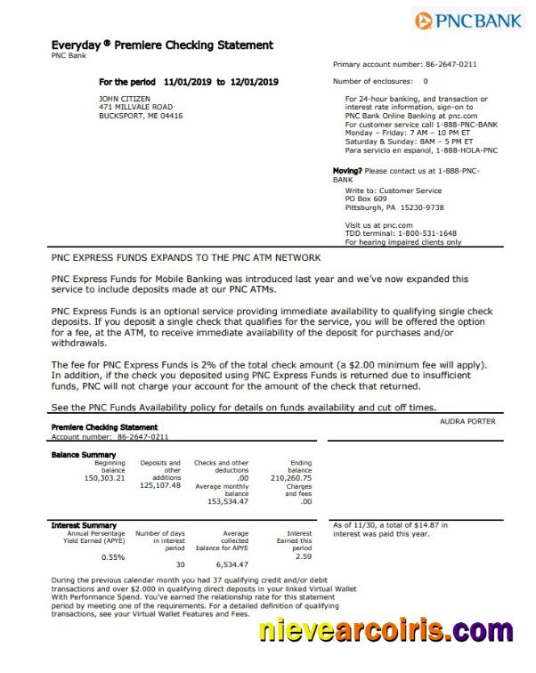USA PNC bank proof of address statement in Word and PDF format